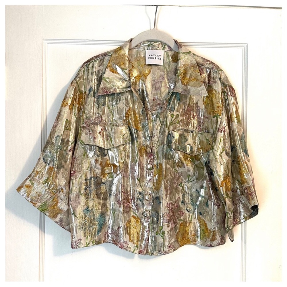 Hayley Menzies Bonita Shimmering Metallic Gold Floral Crop Blouse Button Down M - Picture 3 of 7